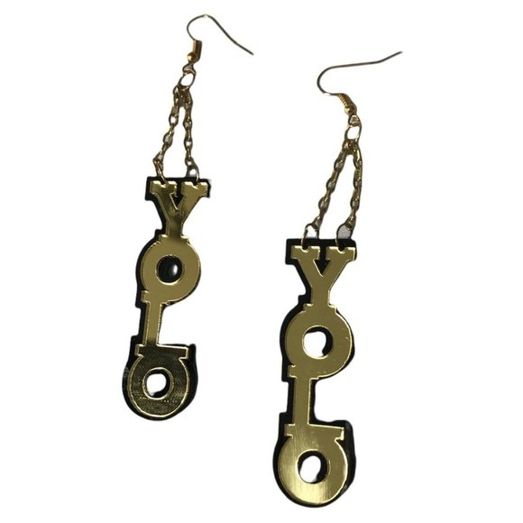 'YOLO' Shiny Gold And Black Dangle Earrings NEW - Picture 1 of 4